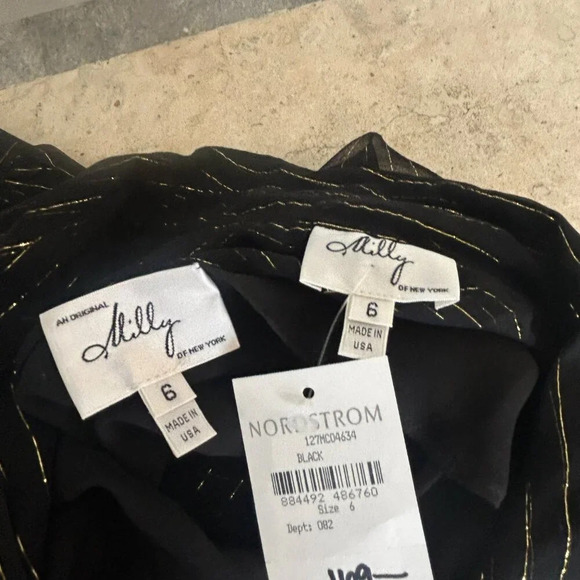 Milly Black Metallic Pinstripe Silk Sheer Blouse and Camisole Size 6 NWT - Picture 2 of 9